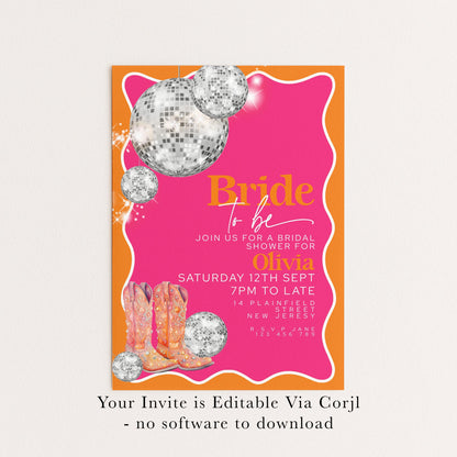 Disco Bridal Shower Invitation Editable Pink and Orange Wave Design with Silver Disco Balls and Cowboy Boots for Hen Do Printable Digital