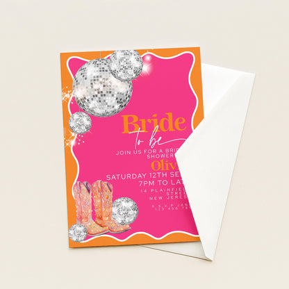 Disco Bridal Shower Invitation Editable Pink and Orange Wave Design with Silver Disco Balls and Cowboy Boots for Hen Do Printable Digital
