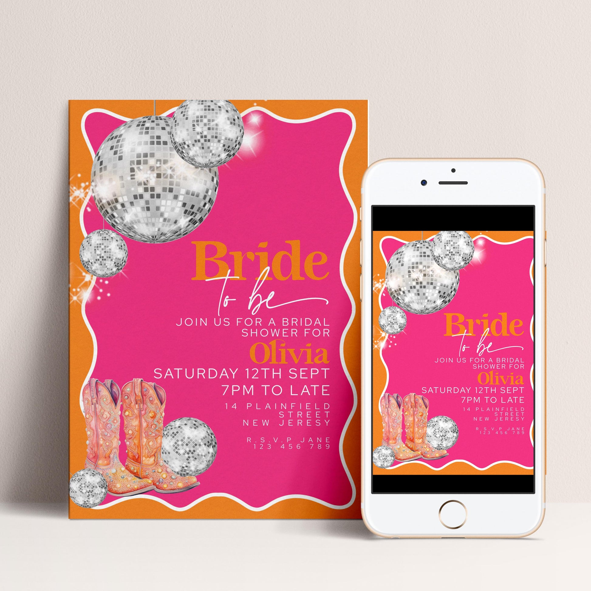 Disco Bridal Shower Invitation Editable Pink and Orange Wave Design with Silver Disco Balls and Cowboy Boots for Hen Do Printable Digital