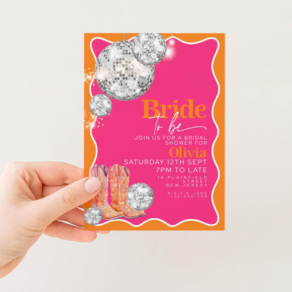 Disco Bridal Shower Invitation Editable Pink and Orange Wave Design with Silver Disco Balls and Cowboy Boots for Hen Do Printable Digital