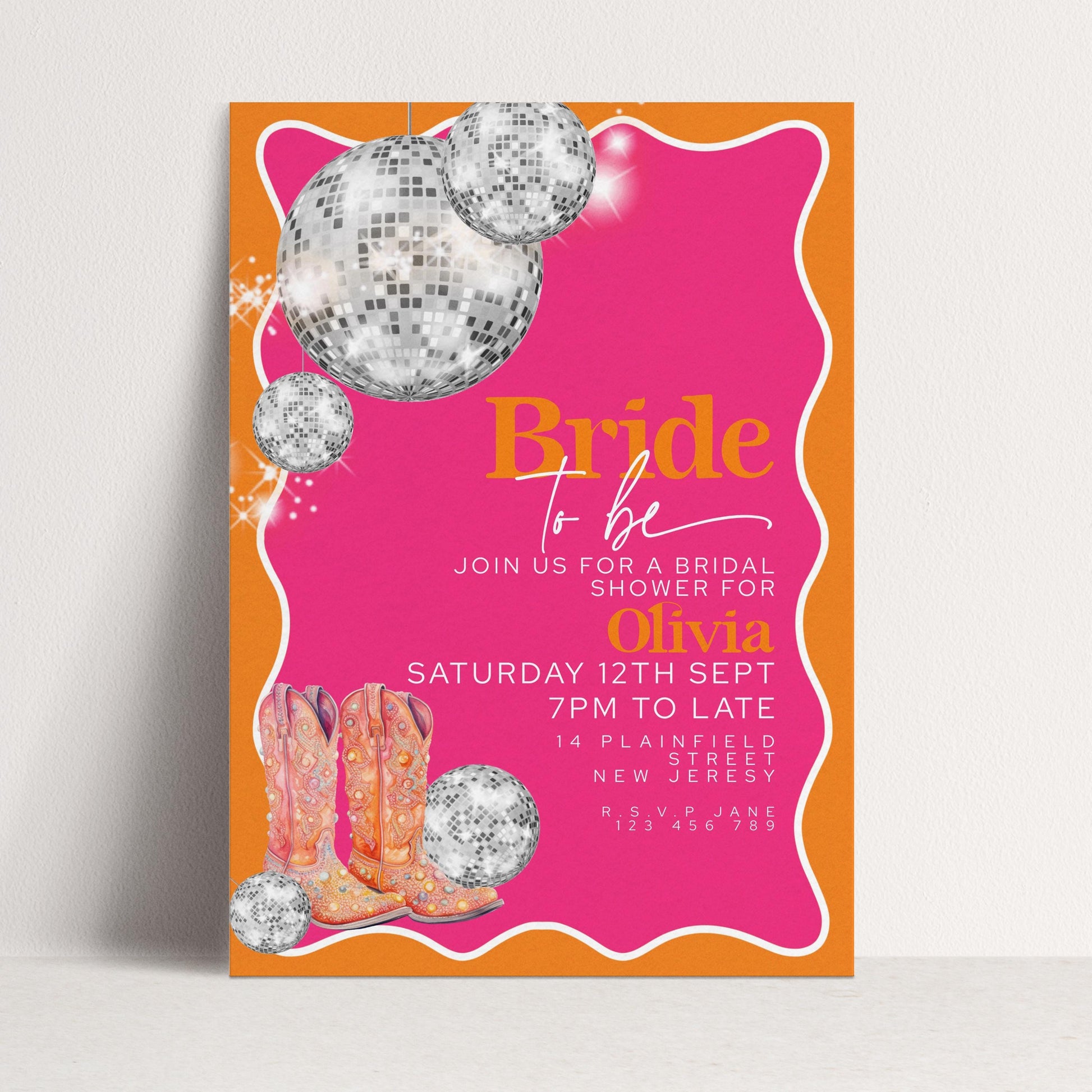 Disco Bridal Shower Invitation Editable Pink and Orange Wave Design with Silver Disco Balls and Cowboy Boots for Hen Do Printable Digital