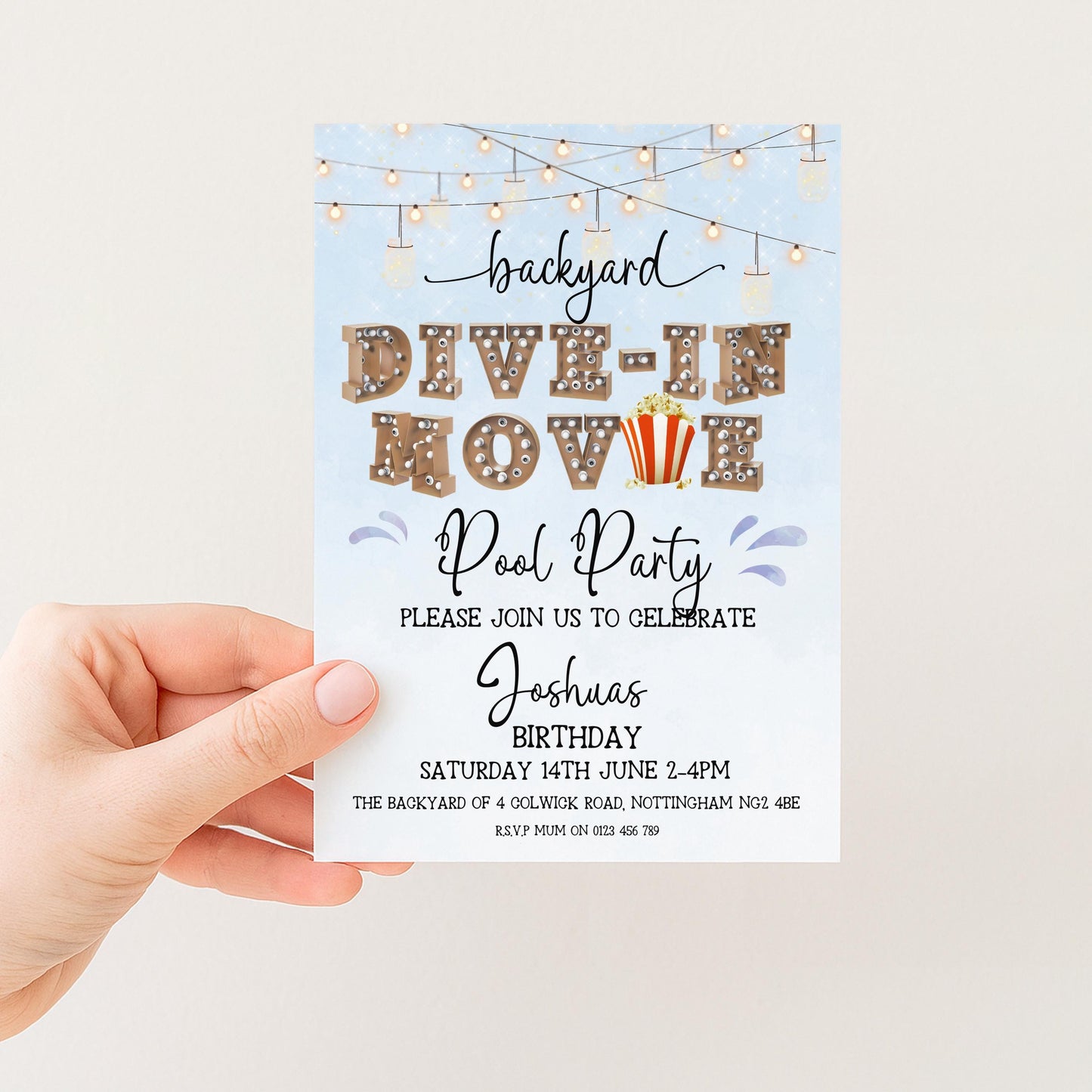 Dive-In Movie Night Invitation – Blue Backyard Pool Party Invite, Editable Corjl Template, Summer Birthday Movie Night Printable