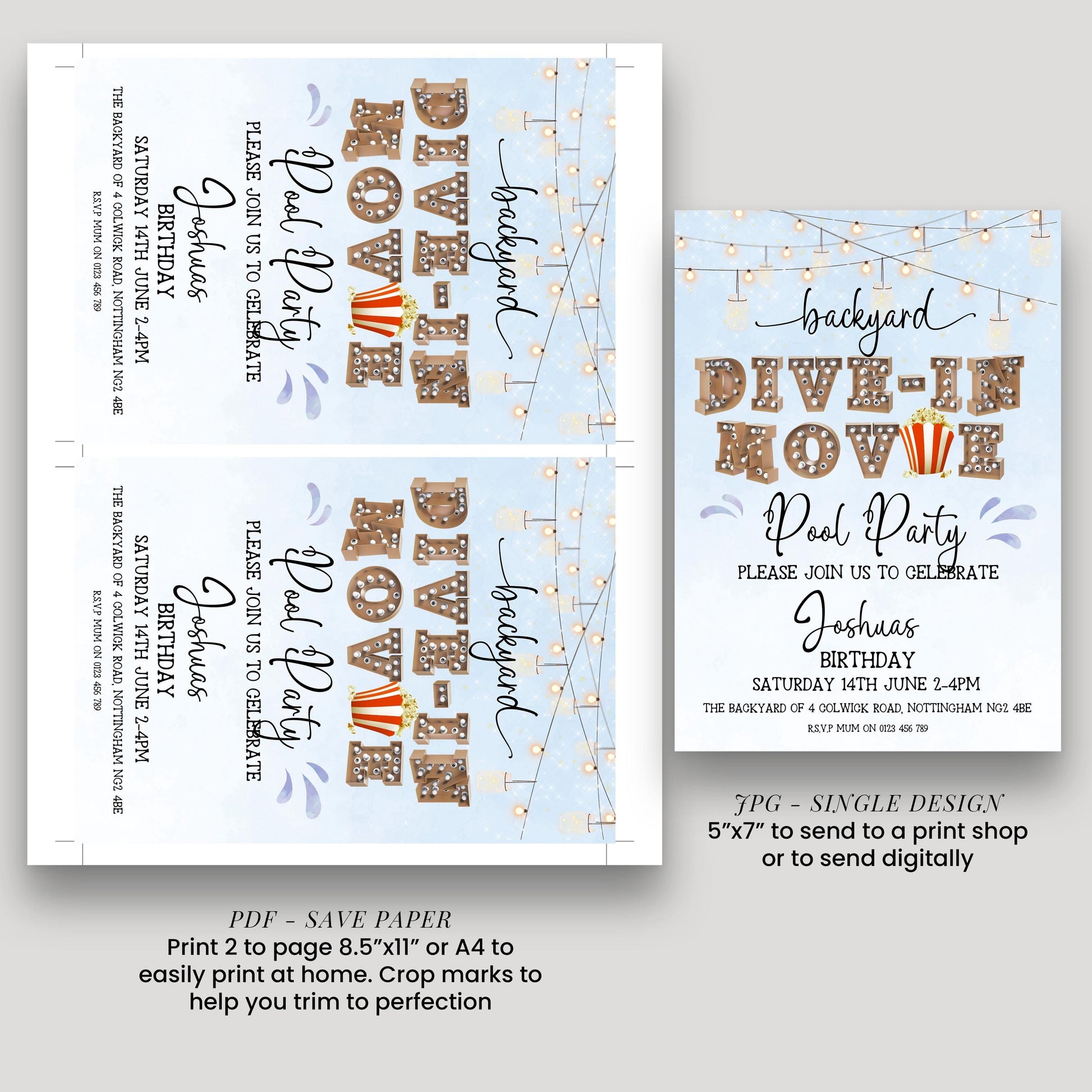 Dive-In Movie Night Invitation – Blue Backyard Pool Party Invite, Editable Corjl Template, Summer Birthday Movie Night Printable