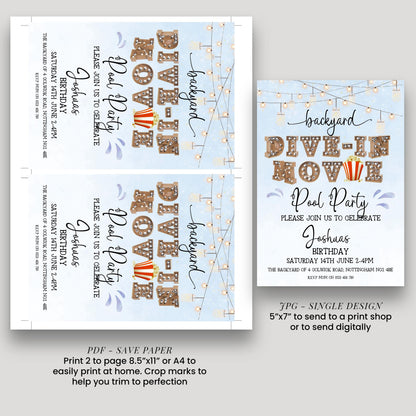 Dive-In Movie Night Invitation – Blue Backyard Pool Party Invite, Editable Corjl Template, Summer Birthday Movie Night Printable