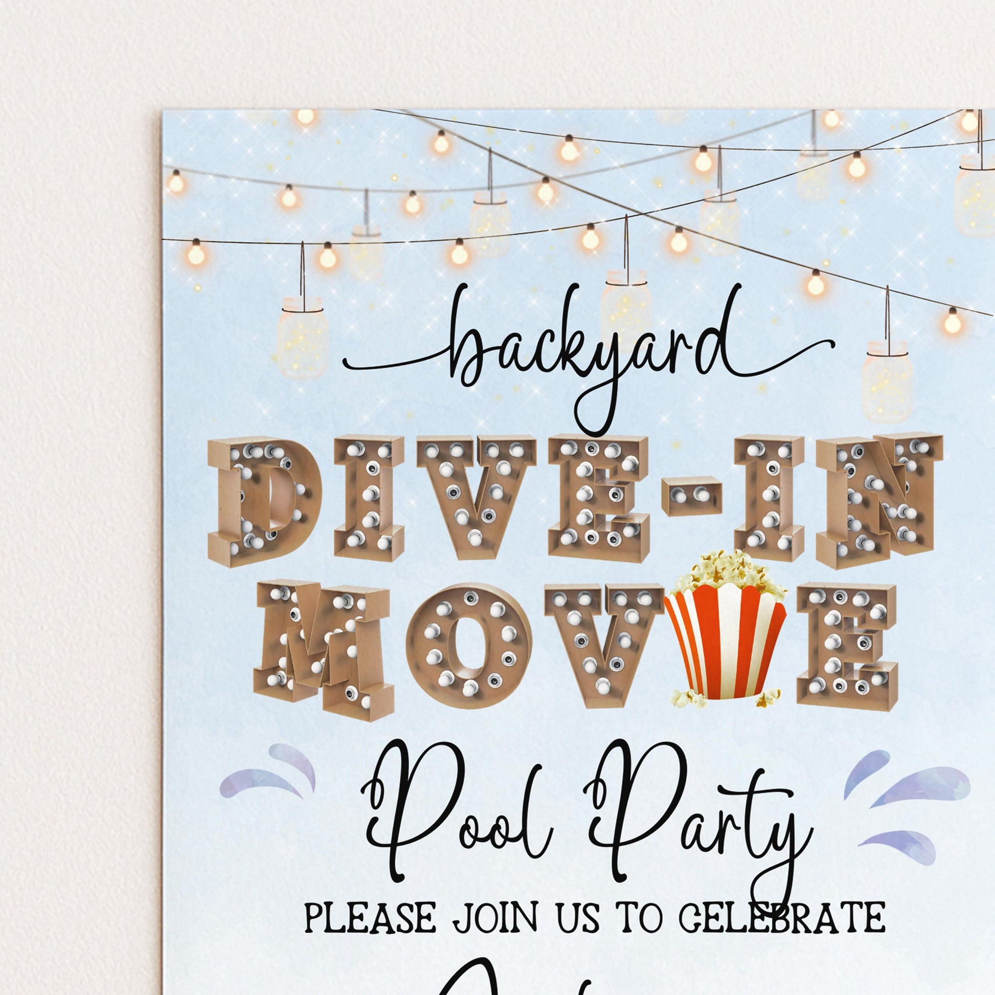 Dive-In Movie Night Invitation – Blue Backyard Pool Party Invite, Editable Corjl Template, Summer Birthday Movie Night Printable
