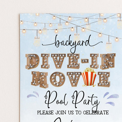 Dive-In Movie Night Invitation – Blue Backyard Pool Party Invite, Editable Corjl Template, Summer Birthday Movie Night Printable