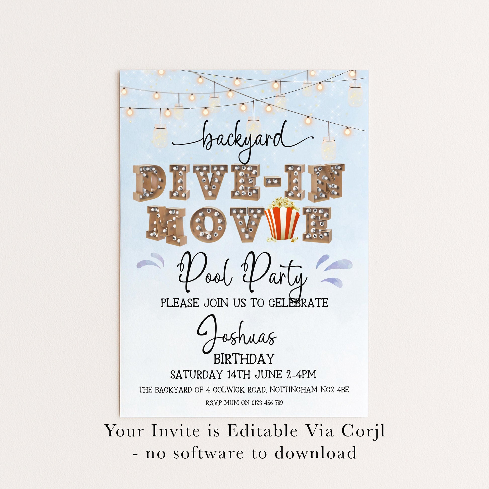 Dive-In Movie Night Invitation – Blue Backyard Pool Party Invite, Editable Corjl Template, Summer Birthday Movie Night Printable