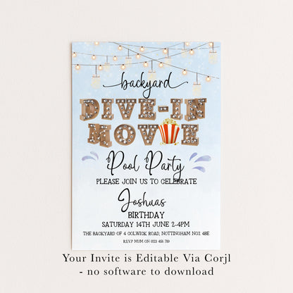 Dive-In Movie Night Invitation – Blue Backyard Pool Party Invite, Editable Corjl Template, Summer Birthday Movie Night Printable