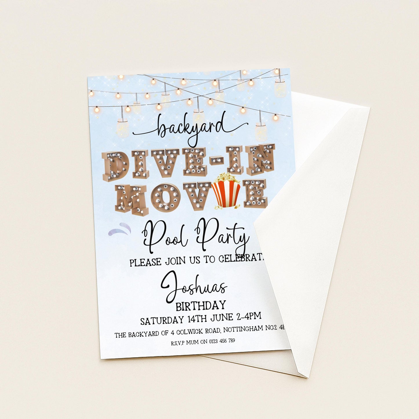 Dive-In Movie Night Invitation – Blue Backyard Pool Party Invite, Editable Corjl Template, Summer Birthday Movie Night Printable