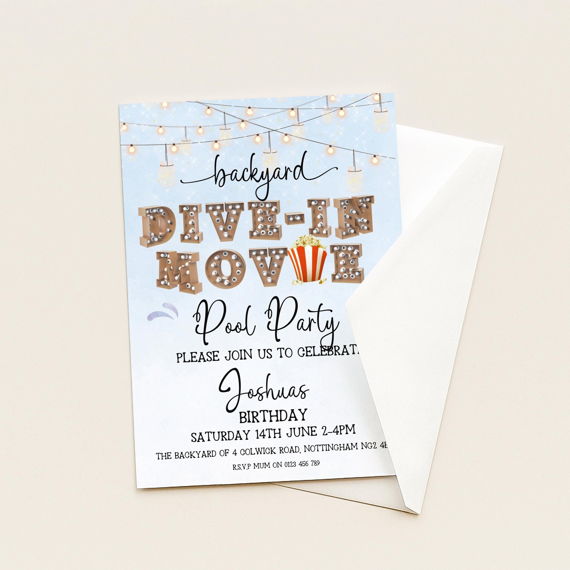 Dive-In Movie Night Invitation – Blue Backyard Pool Party Invite, Editable Corjl Template, Summer Birthday Movie Night Printable