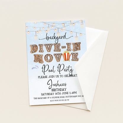 Dive-In Movie Night Invitation – Blue Backyard Pool Party Invite, Editable Corjl Template, Summer Birthday Movie Night Printable