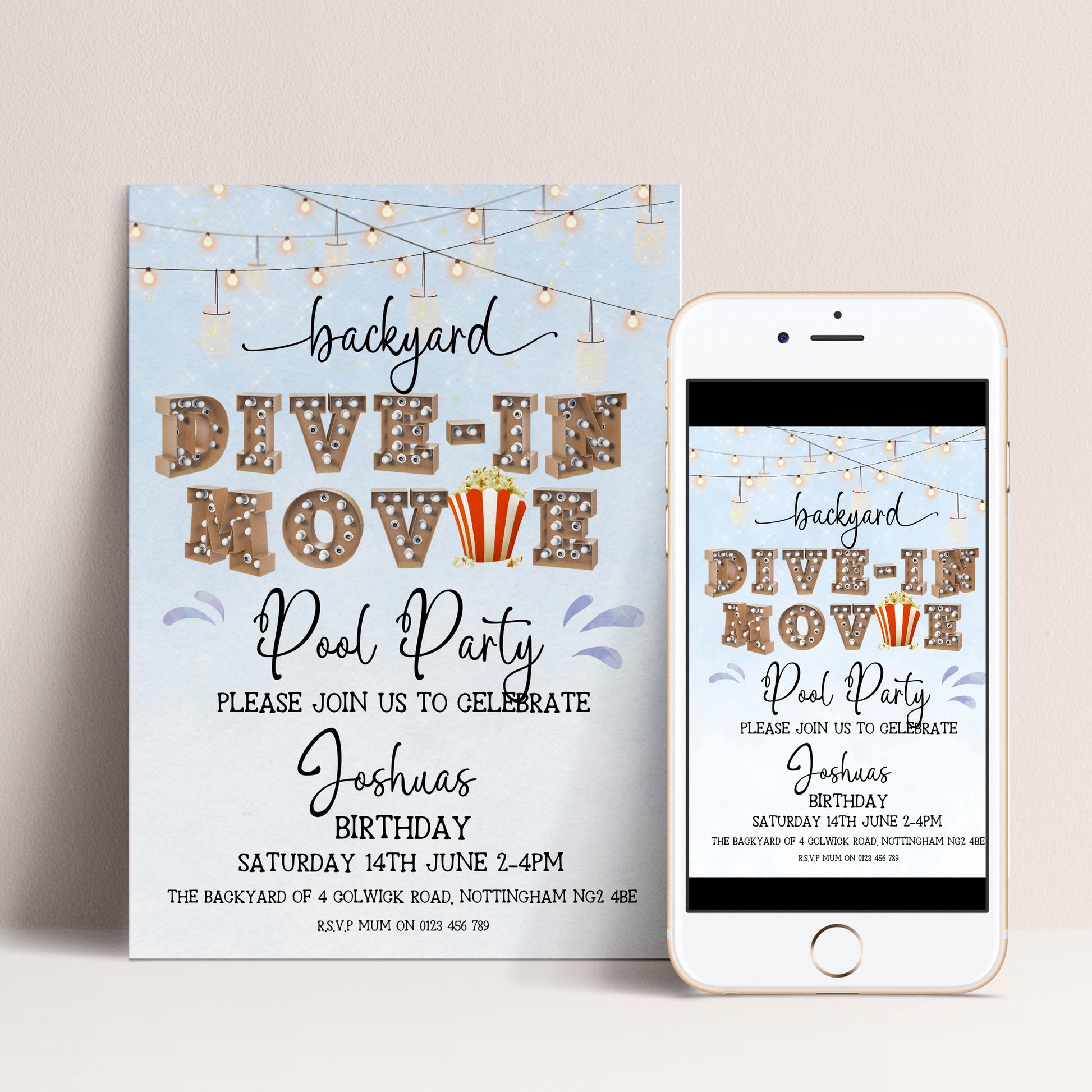 Dive-In Movie Night Invitation – Blue Backyard Pool Party Invite, Editable Corjl Template, Summer Birthday Movie Night Printable