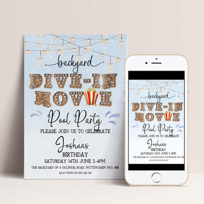 Dive-In Movie Night Invitation – Blue Backyard Pool Party Invite, Editable Corjl Template, Summer Birthday Movie Night Printable