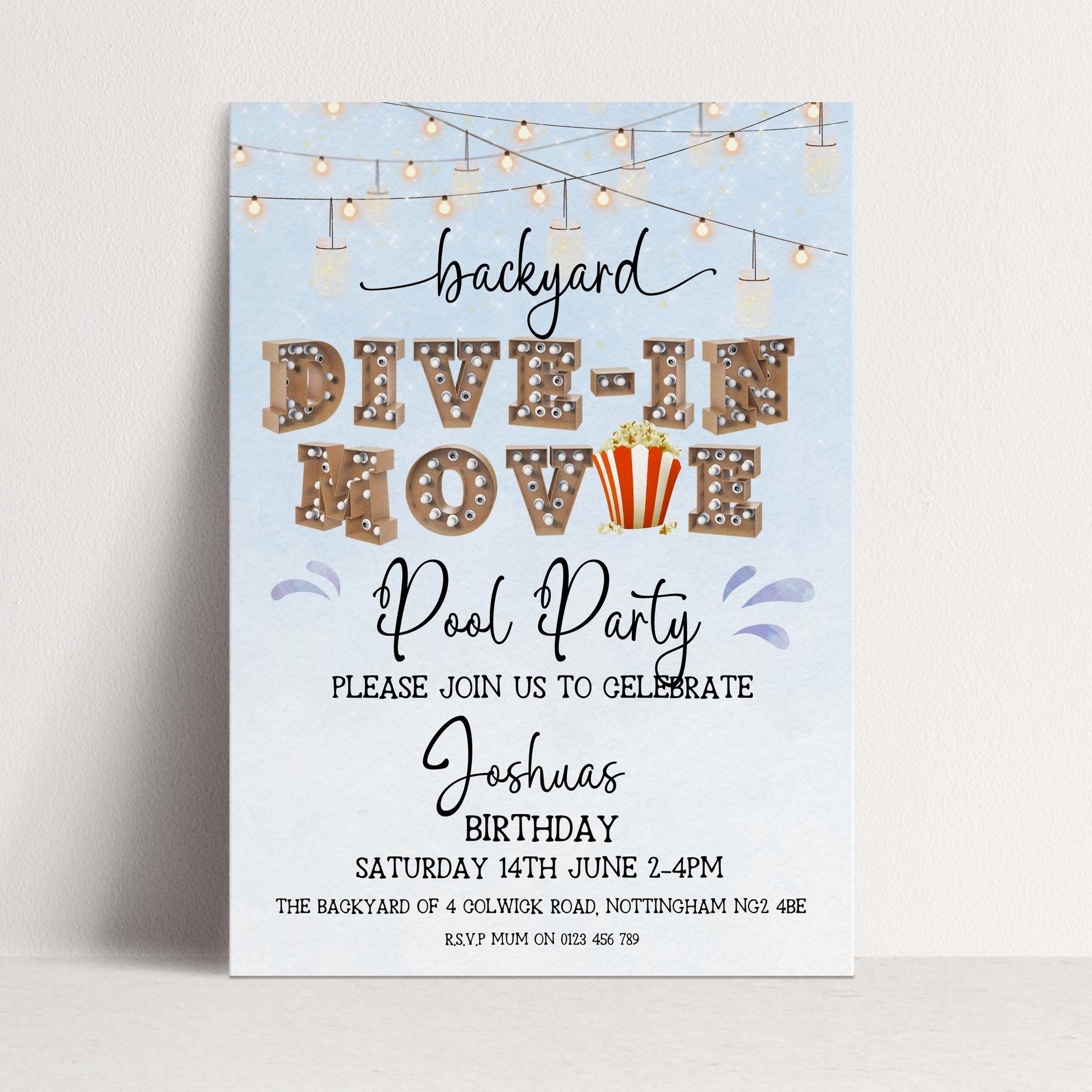 Dive-In Movie Night Invitation – Blue Backyard Pool Party Invite, Editable Corjl Template, Summer Birthday Movie Night Printable