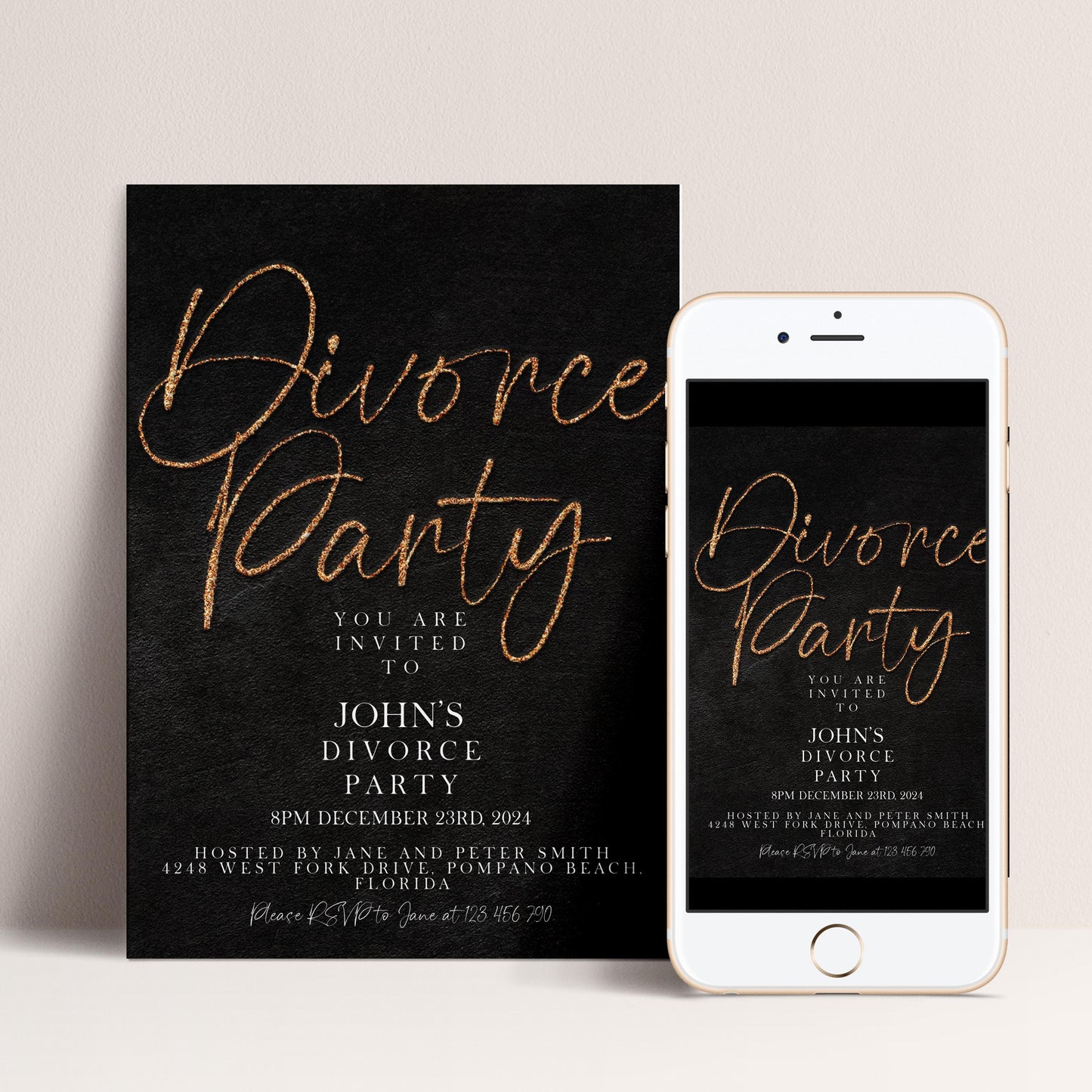The image is a black and gold invitation card for a Divorce Party, with a smartphone displaying the same invitation on its screen.