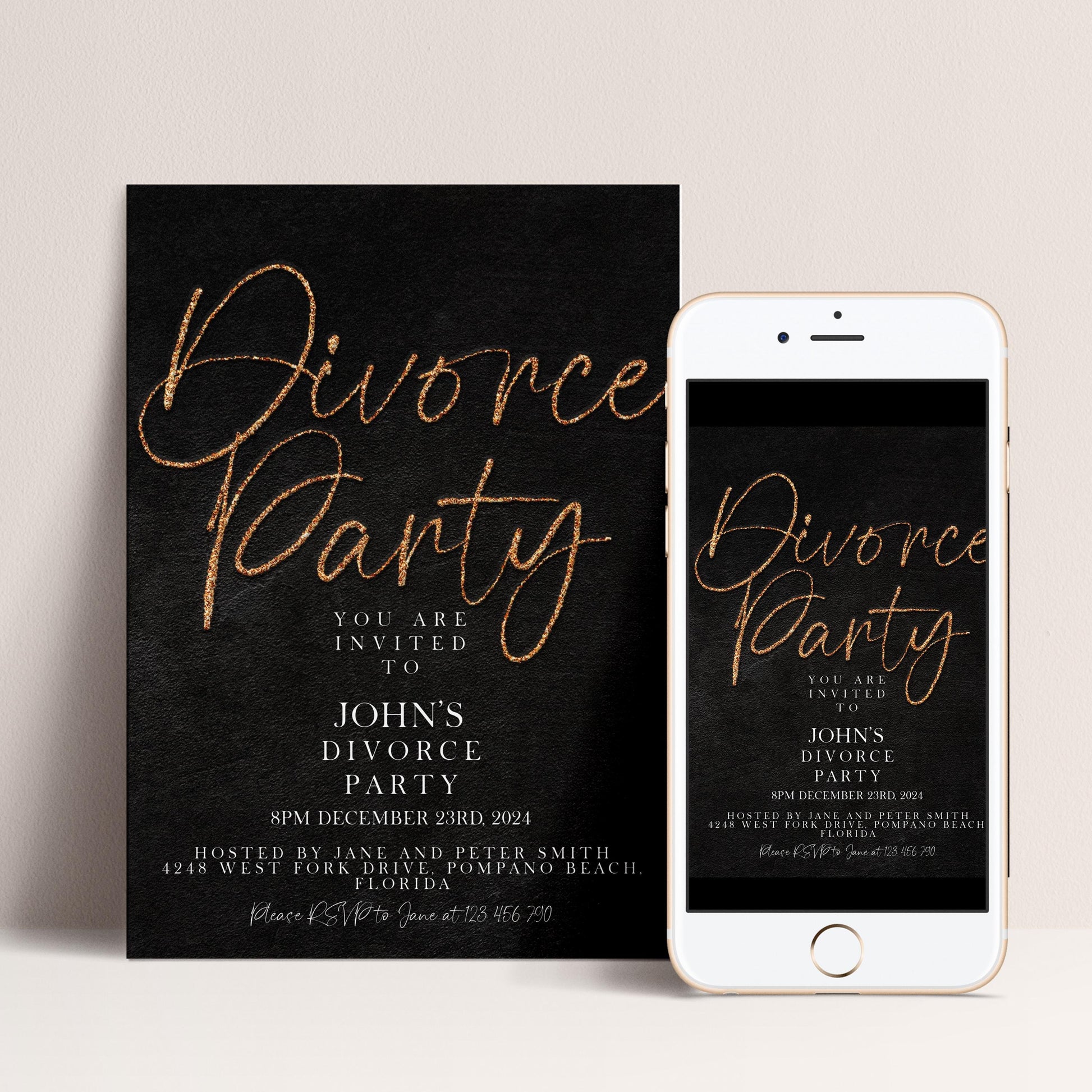 The image is a black and gold invitation card for a Divorce Party, with a smartphone displaying the same invitation on its screen.