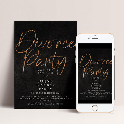 The image is a black and gold invitation card for a Divorce Party, with a smartphone displaying the same invitation on its screen.