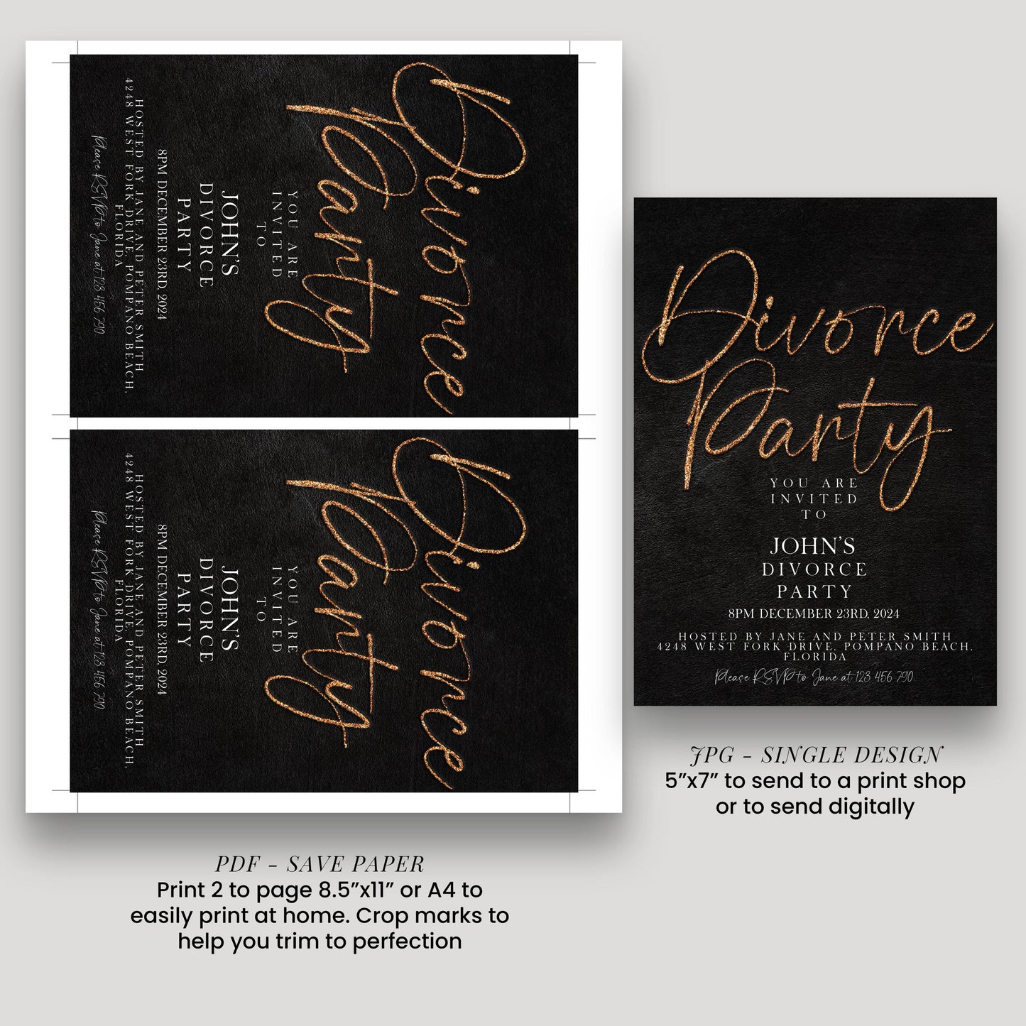 The image is a collage of two black and white wedding invitation cards. The first card is for a "Divorce Party" and the second card is for a "Divorce Party" invitation. The text on the cards is gold and black, and they are printed on paper.