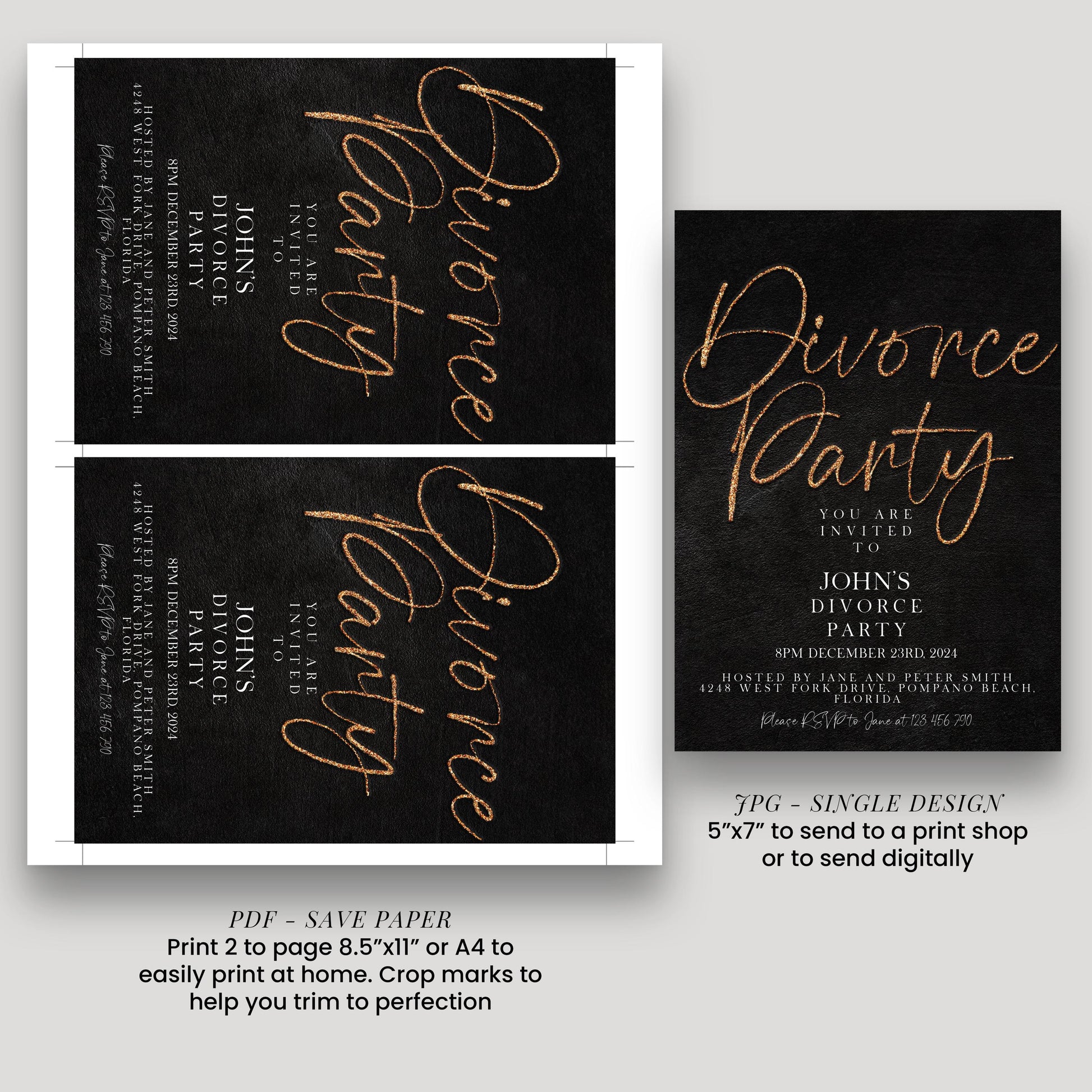 The image is a collage of two black and white wedding invitation cards. The first card is for a "Divorce Party" and the second card is for a "Divorce Party" invitation. The text on the cards is gold and black, and they are printed on paper.