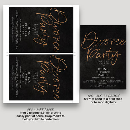 The image is a collage of two black and white wedding invitation cards. The first card is for a "Divorce Party" and the second card is for a "Divorce Party" invitation. The text on the cards is gold and black, and they are printed on paper.