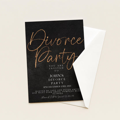 The image is a black invitation card with gold text and details about a party.