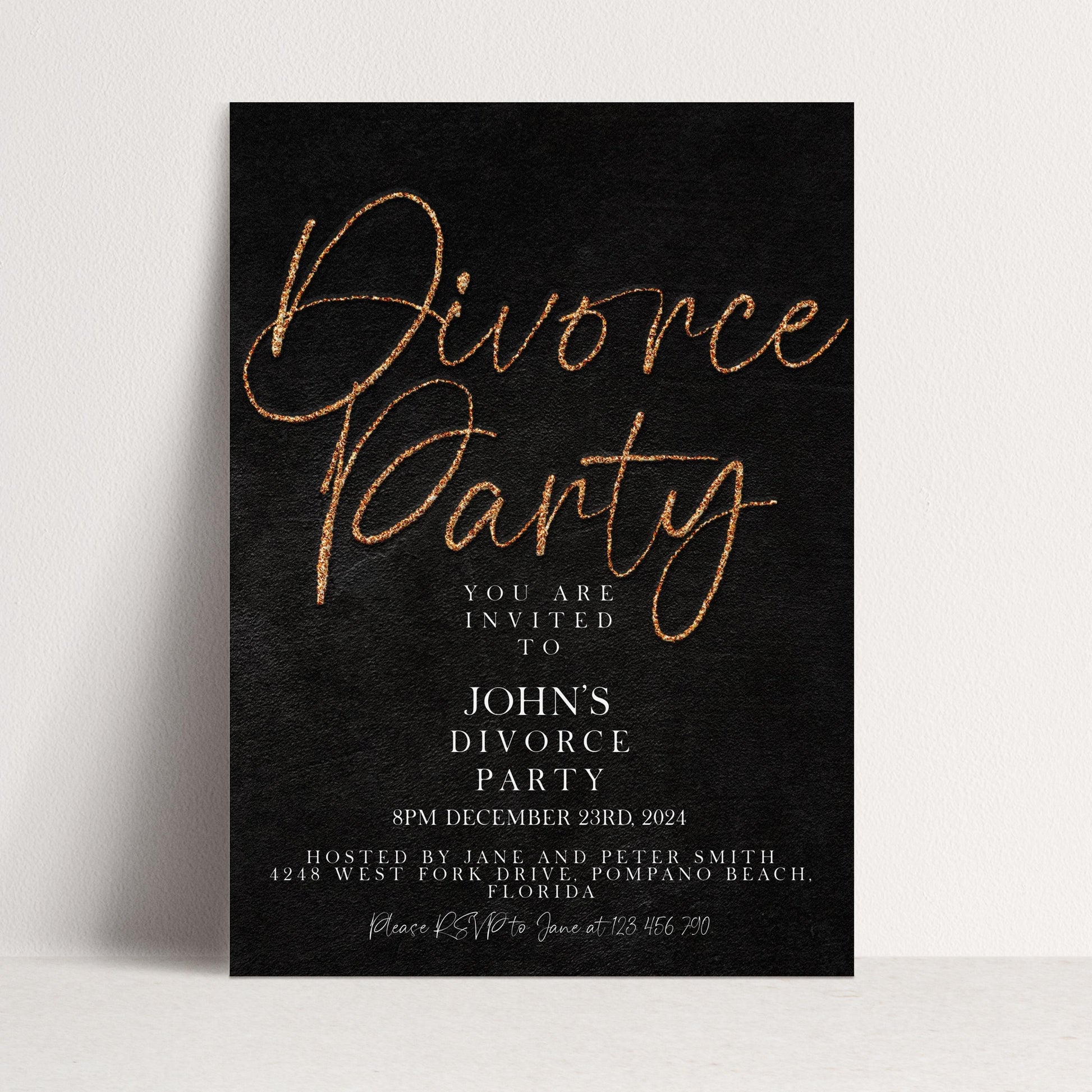 The image is a black and white invitation card for a Divorce Party.