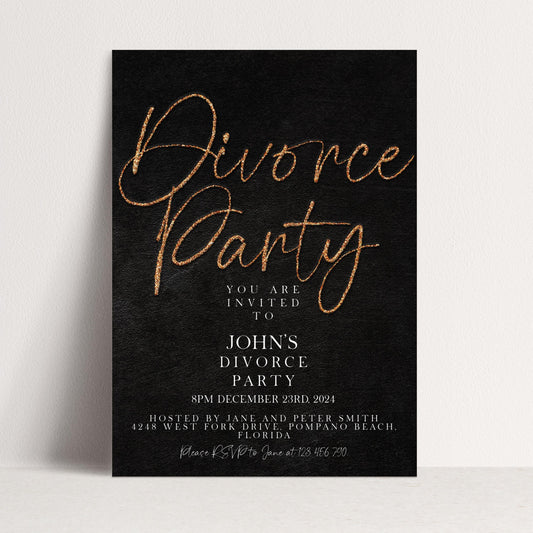 The image is a black and white invitation card for a Divorce Party.