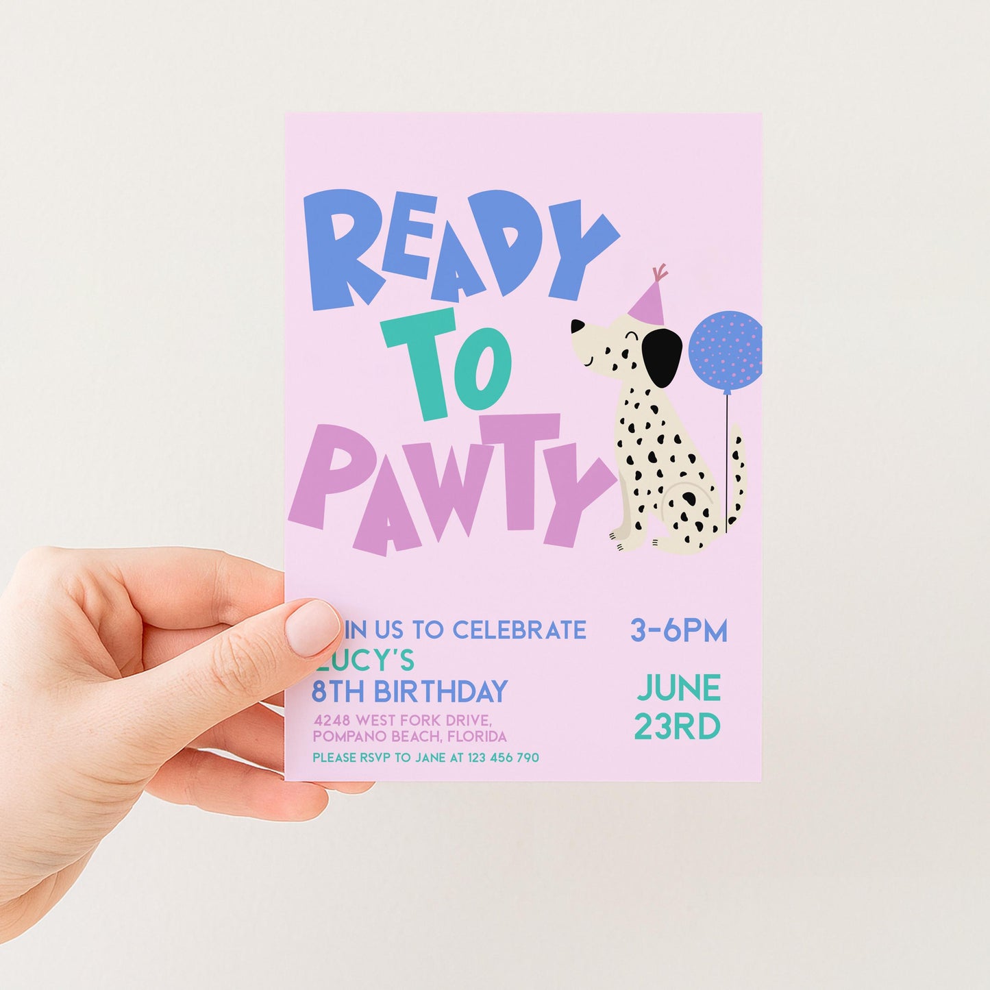 Editable Dog Birthday Invitation, Ready to Pawty Invite, Dalmatian Puppy Party Card, Girls Printable Birthday Template, Any Age, Corjl