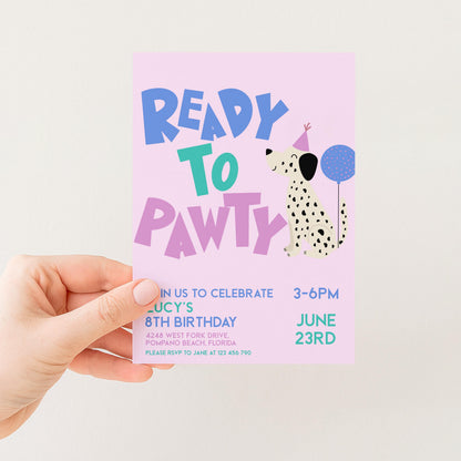 Editable Dog Birthday Invitation, Ready to Pawty Invite, Dalmatian Puppy Party Card, Girls Printable Birthday Template, Any Age, Corjl