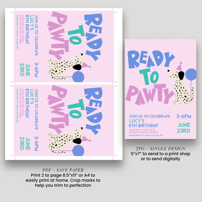 Editable Dog Birthday Invitation, Ready to Pawty Invite, Dalmatian Puppy Party Card, Girls Printable Birthday Template, Any Age, Corjl