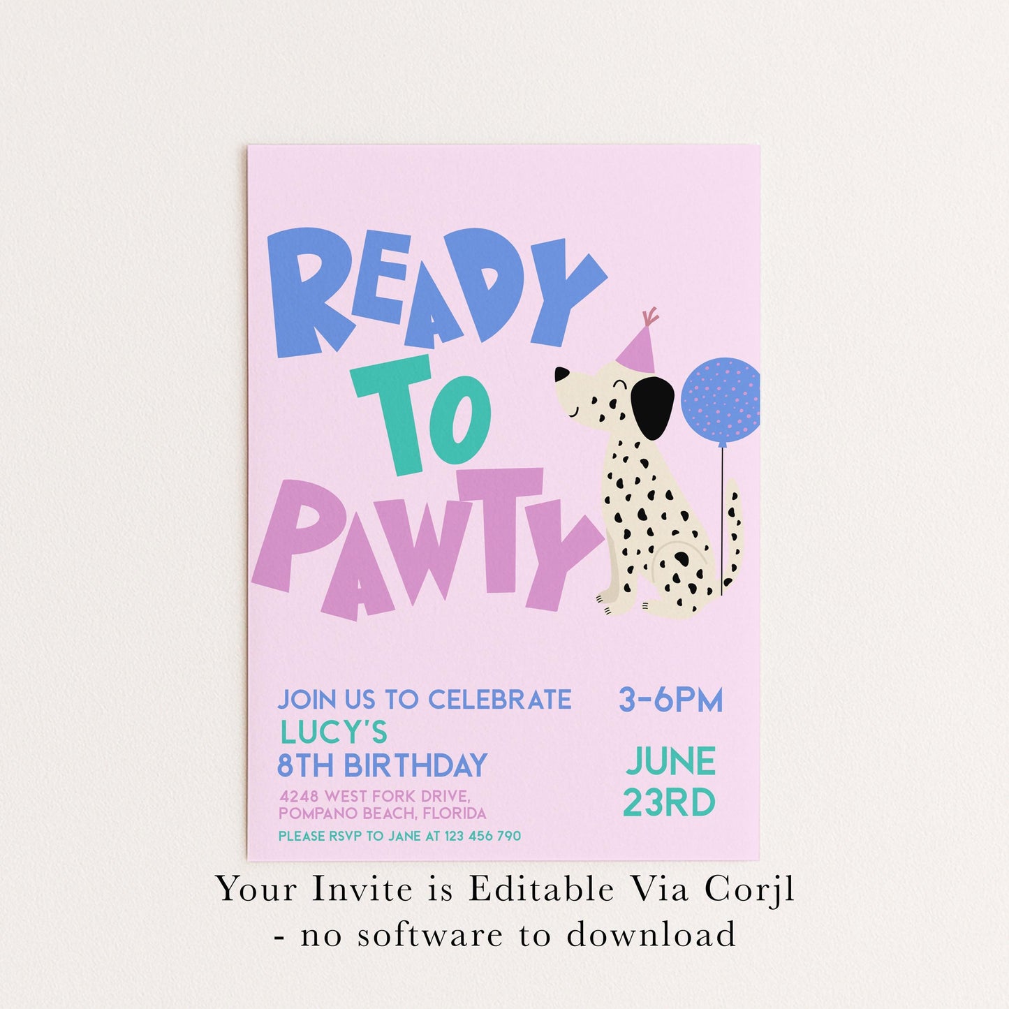 Editable Dog Birthday Invitation, Ready to Pawty Invite, Dalmatian Puppy Party Card, Girls Printable Birthday Template, Any Age, Corjl