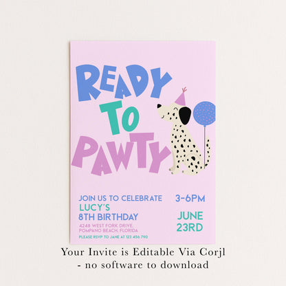 Editable Dog Birthday Invitation, Ready to Pawty Invite, Dalmatian Puppy Party Card, Girls Printable Birthday Template, Any Age, Corjl