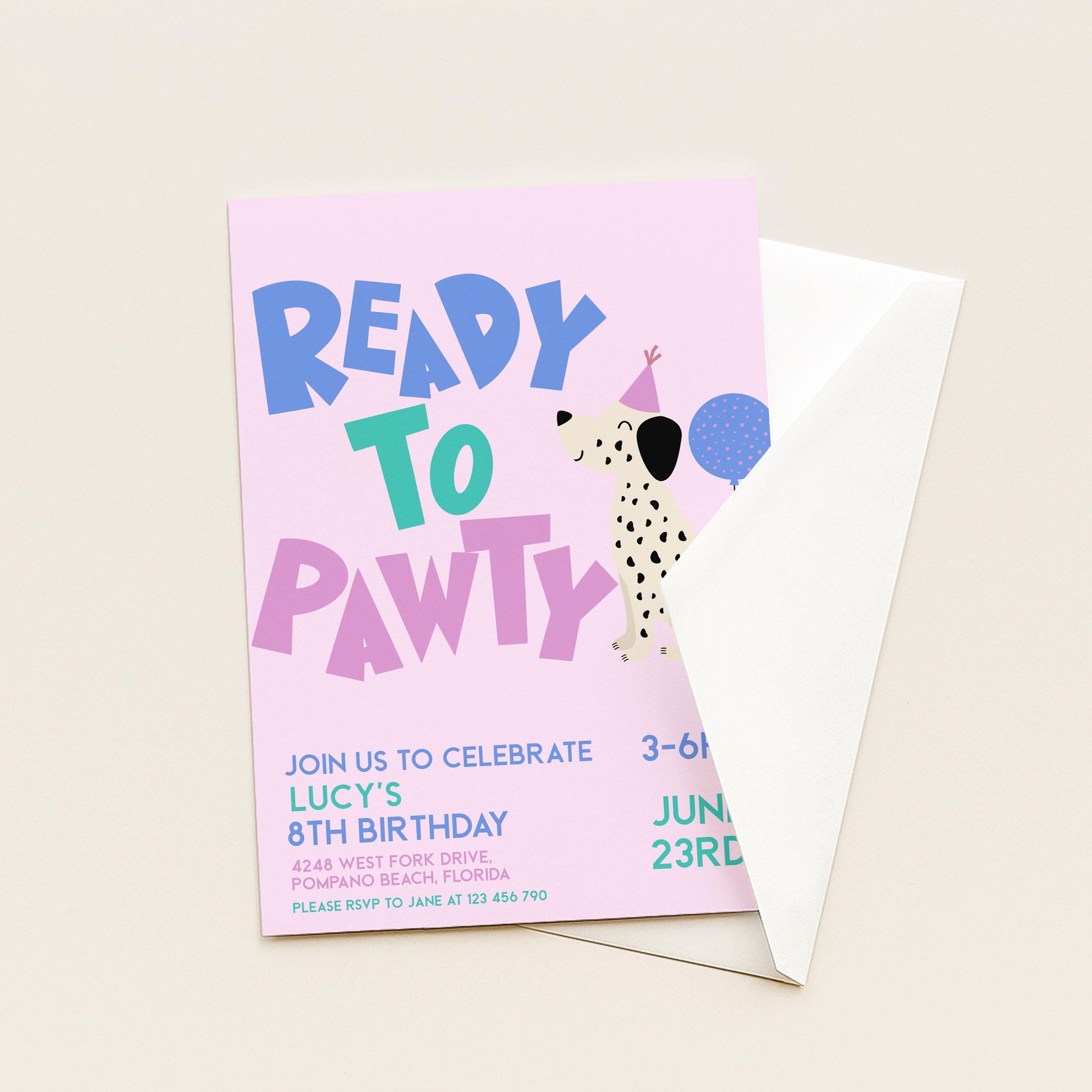 Editable Dog Birthday Invitation, Ready to Pawty Invite, Dalmatian Puppy Party Card, Girls Printable Birthday Template, Any Age, Corjl