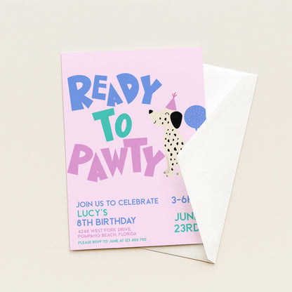 Editable Dog Birthday Invitation, Ready to Pawty Invite, Dalmatian Puppy Party Card, Girls Printable Birthday Template, Any Age, Corjl