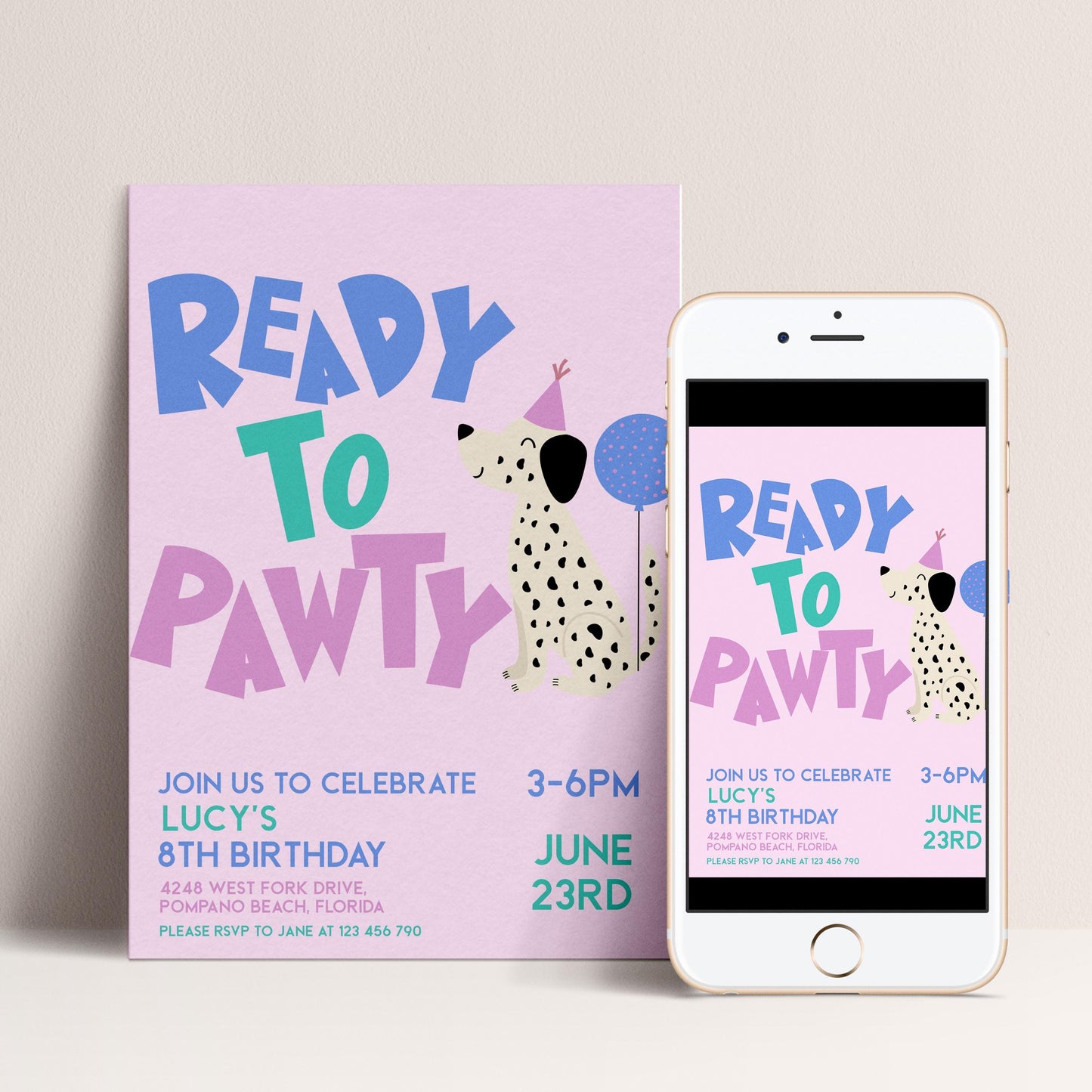 Editable Dog Birthday Invitation, Ready to Pawty Invite, Dalmatian Puppy Party Card, Girls Printable Birthday Template, Any Age, Corjl
