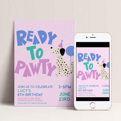 Editable Dog Birthday Invitation, Ready to Pawty Invite, Dalmatian Puppy Party Card, Girls Printable Birthday Template, Any Age, Corjl