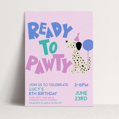 Editable Dog Birthday Invitation, Ready to Pawty Invite, Dalmatian Puppy Party Card, Girls Printable Birthday Template, Any Age, Corjl