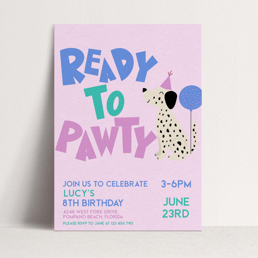 Editable Dog Birthday Invitation, Ready to Pawty Invite, Dalmatian Puppy Party Card, Girls Printable Birthday Template, Any Age, Corjl