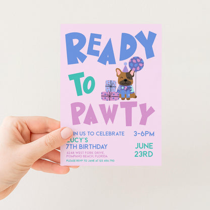 The image is a pink invitation card for a birthday party, featuring a cartoon dog and text that reads "Ready to Pawty".