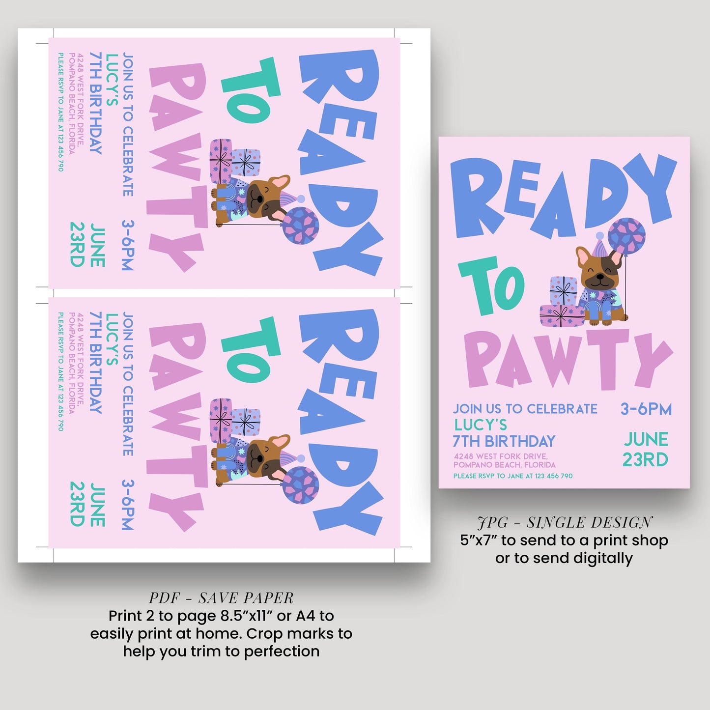 three different designs for a birthday party invitation, featuring a pink background with a dog and the text "READY TO PAWTY" prominently displayed.