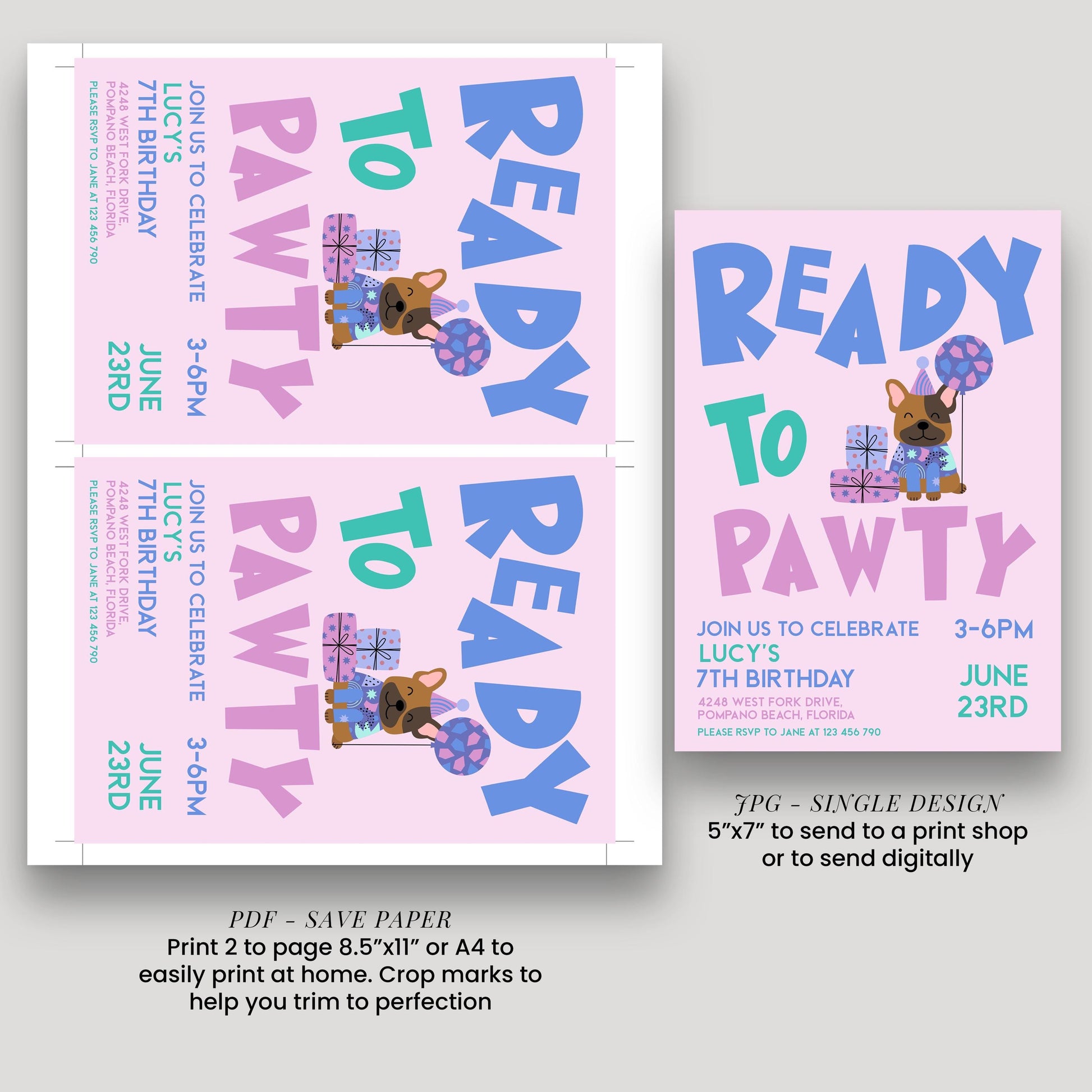 three different designs for a birthday party invitation, featuring a pink background with a dog and the text "READY TO PAWTY" prominently displayed.