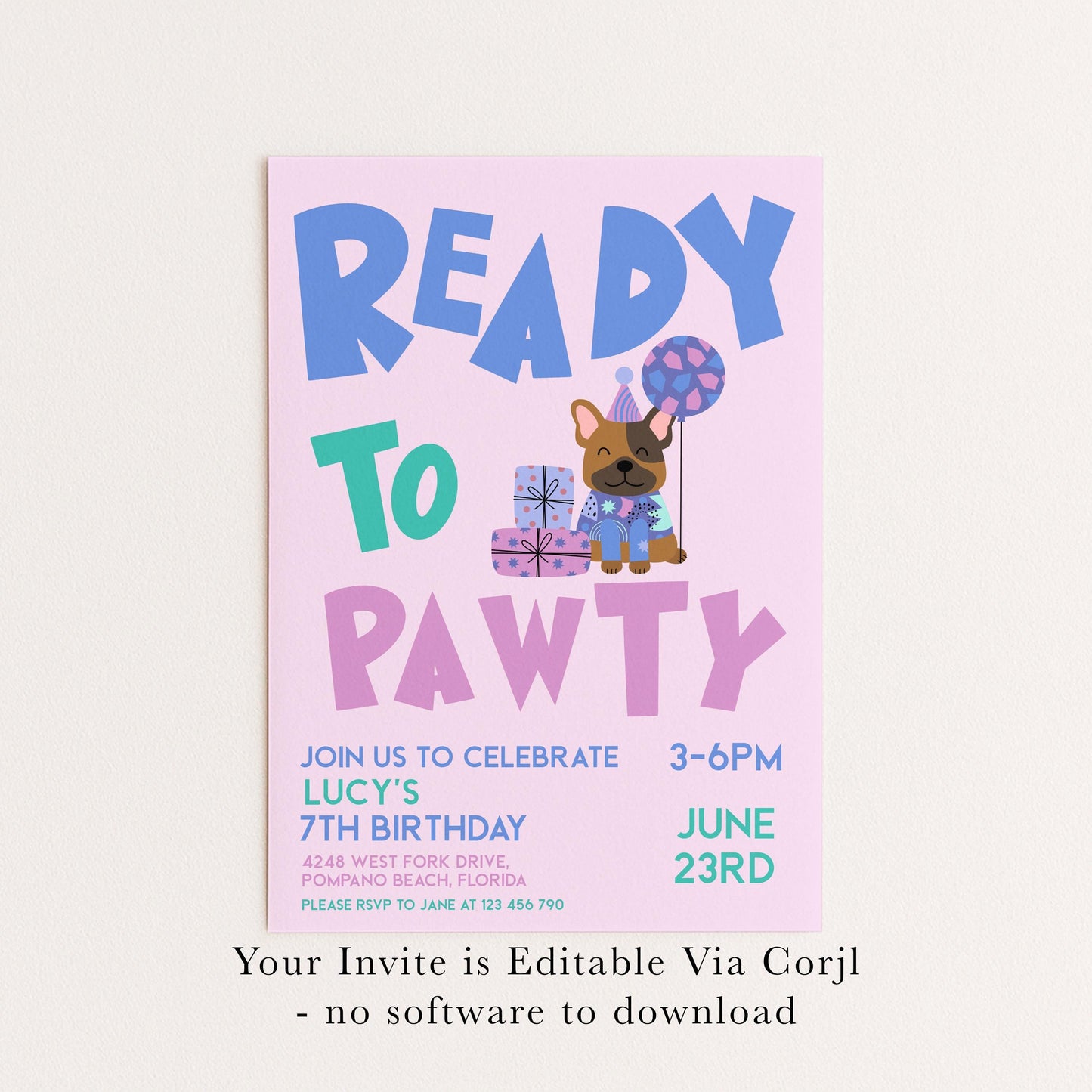 The image is a birthday party invitation for a 7th birthday celebration. It features a cartoon dog holding a gift and balloons, along with text inviting guests to join the party.