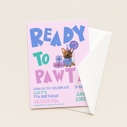 The image is a birthday invitation for a 7th birthday party, featuring a cartoon dog and colorful text.