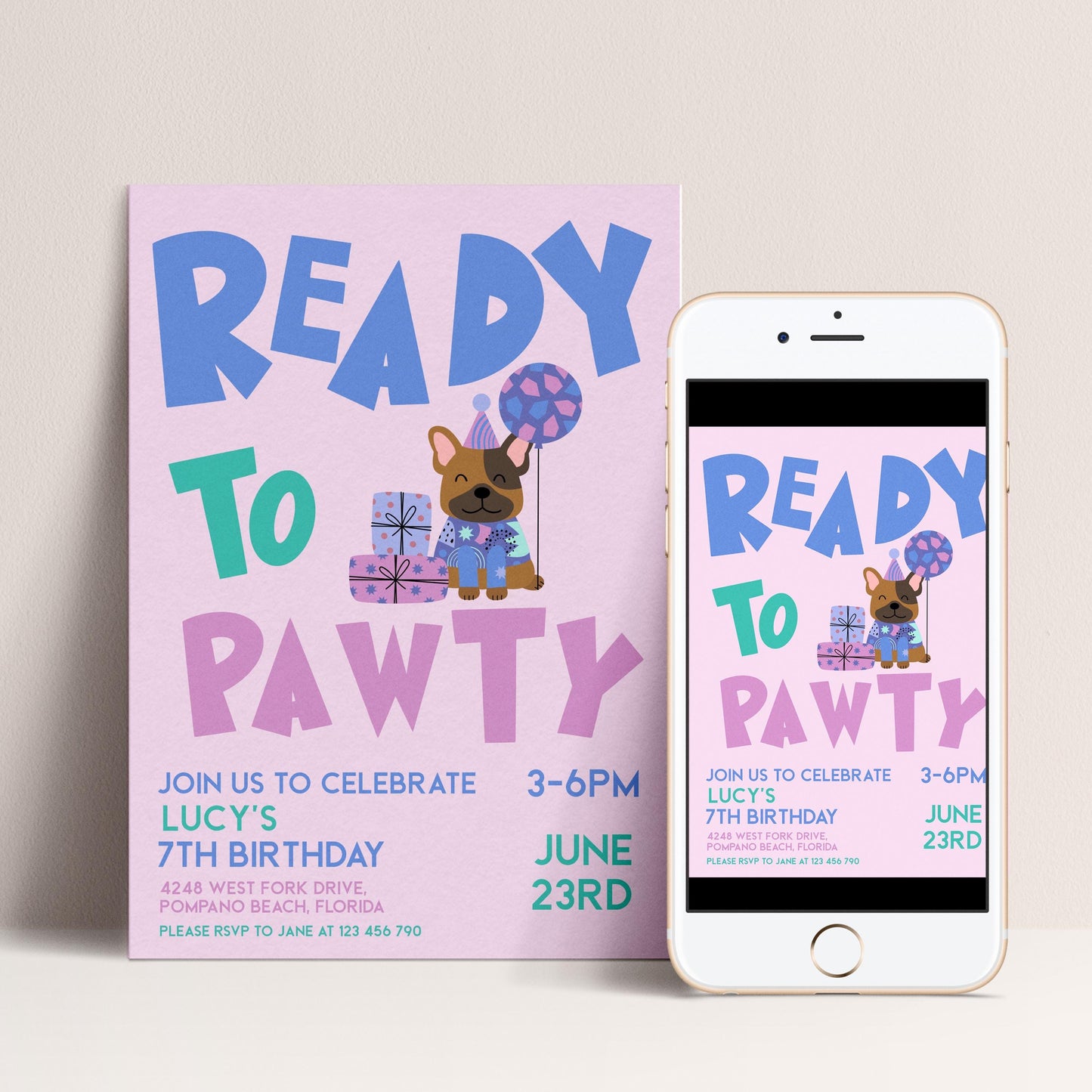 The image is a birthday party invitation for a dog, specifically for Lucy's 7th birthday. The invitation features a pink background with the text "READY TO PAWTY" and an illustration of a dog holding a birthday hat. The invitation also includes details about the party, such as the date, time, location, and RSVP instructions.