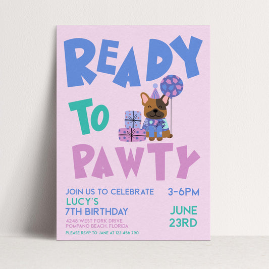 The image is a birthday party invitation for a 7th birthday celebration. It features a cartoon dog holding presents and balloons, with the text "READY TO PAWTY" prominently displayed.