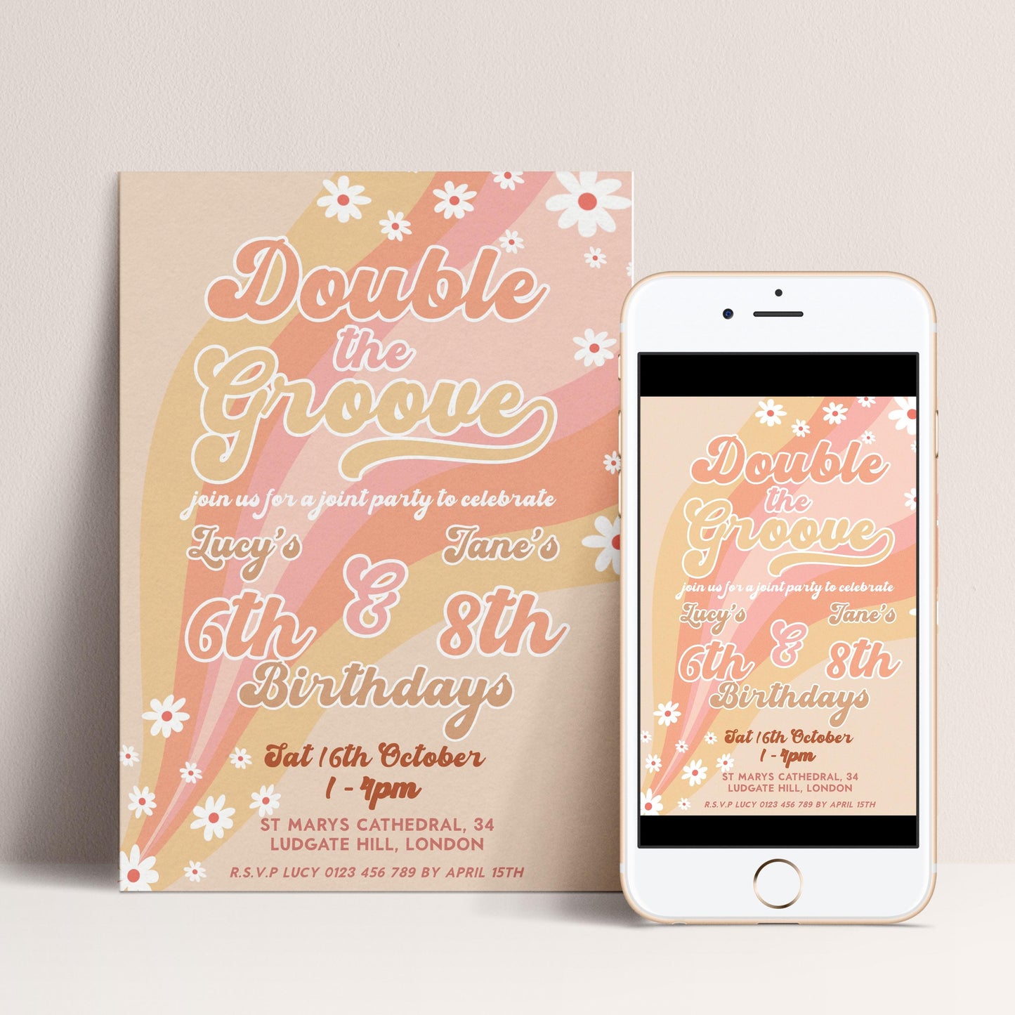 Double the Groove Editable Joint Birthday Invitation for Girls Twins Retro 70s Style Printable Sibling Party Invite for 6th 8th Any Age GR78