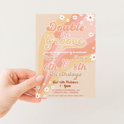 Double the Groove Editable Joint Birthday Invitation for Girls Twins Retro 70s Style Printable Sibling Party Invite for 6th 8th Any Age GR78