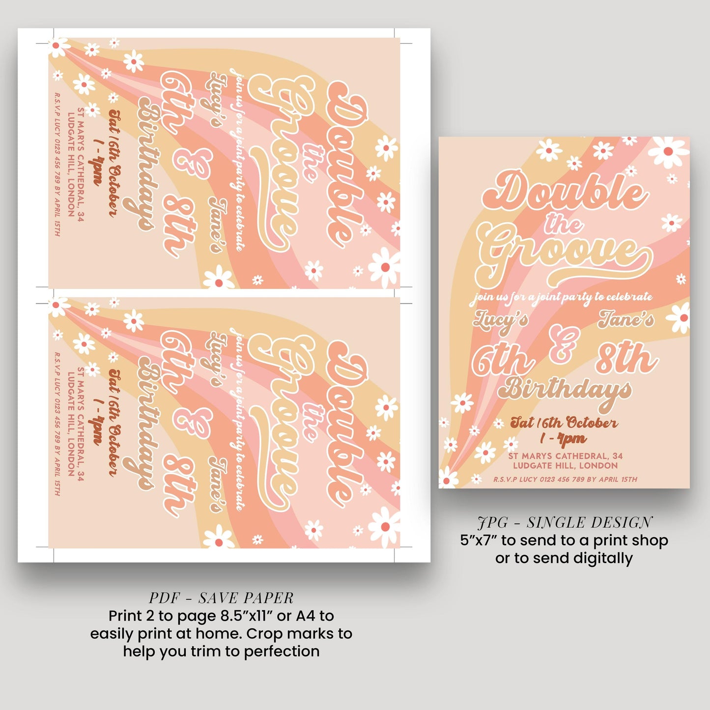 Double the Groove Editable Joint Birthday Invitation for Girls Twins Retro 70s Style Printable Sibling Party Invite for 6th 8th Any Age GR78