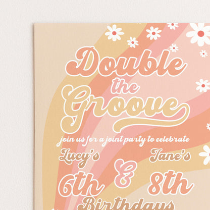 Double the Groove Editable Joint Birthday Invitation for Girls Twins Retro 70s Style Printable Sibling Party Invite for 6th 8th Any Age GR78