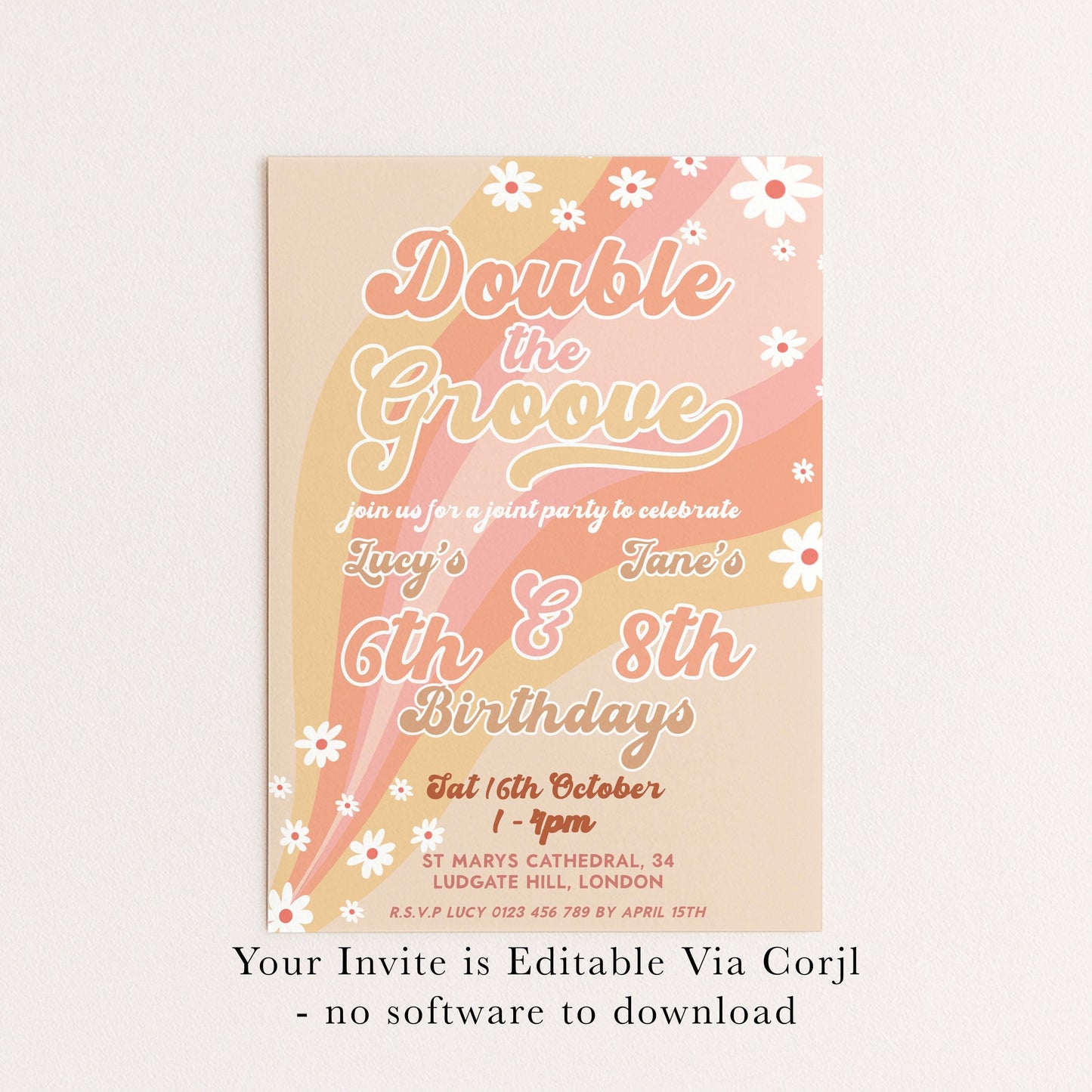 Double the Groove Editable Joint Birthday Invitation for Girls Twins Retro 70s Style Printable Sibling Party Invite for 6th 8th Any Age GR78